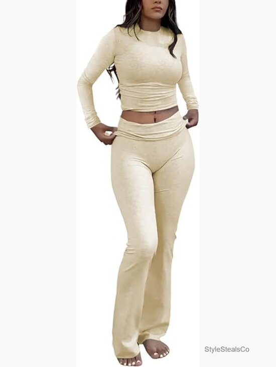Tops - Workout Two Piece Set - Long Sleeve Top & Flared Leggings
